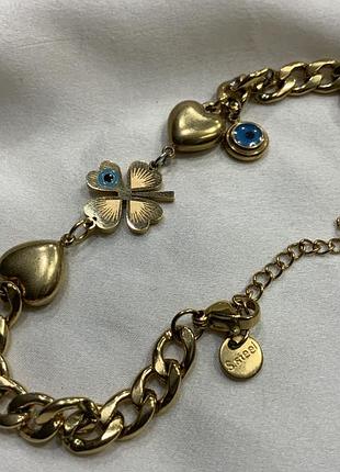 🍀 🧿 💙 браслет-оберіг з конюшиною, серцями та «оком від привроку» (s.steel) 💙 🧿 🍀