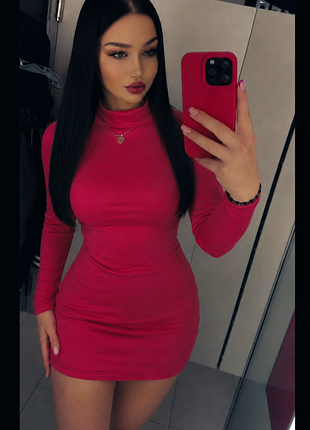 Тепла на флісі 🌶️ красное платье мини 👗 платье-гольф с длинным рукавом ✨ обтягивающая тёпленькая xs-m