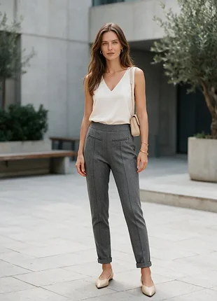 Теплые с отворотом и стрелками👖 tu smart bay herringbone ✨ женские джеггинсы 🩶 серые брюки в елку размер 10 s-m