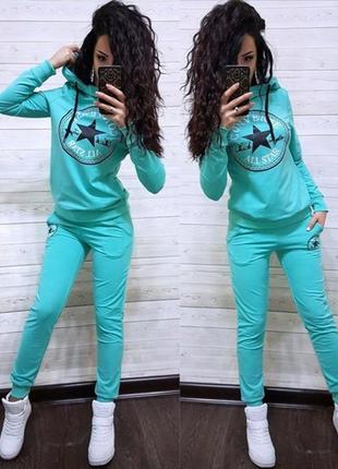 Спортивный костюм с надписью converse звезда кофта с капюшоном штаны с карманами бирюзовый