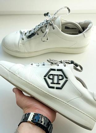 Мужские белые кожаные низкие кеды philipp plein nappa lo-top hexagon
