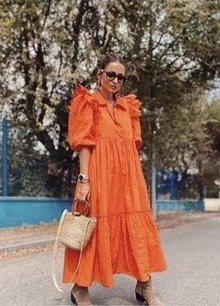 Платье женское zara оранжевый размер m, коттоновое, вышитое, кружевное, ажурное