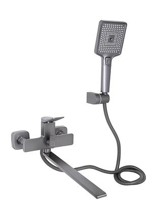 Смеситель для ванны qtap presto с длинным поворотным изливом (с душевым гарнитуром) gunmetal black (qtpre2601grp45583)