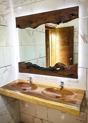 Настенное зеркало live edge wood с натуральным деревом и led-подсветкой 100×80 см