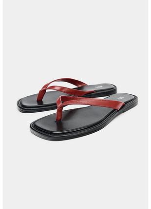 Zara зара шкіряні сандалі вʼєтнамки босоніжки чорні червоні вьетнамки