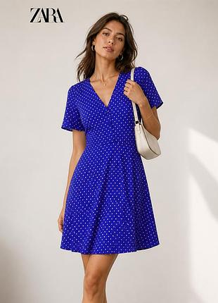 Нова синя трикотажна сукня у горошок з ґудзиком zara s