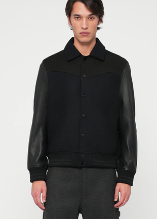 Шерстяной бомбер с кожаными рукавами allsaints endleton - bomber jacket - black