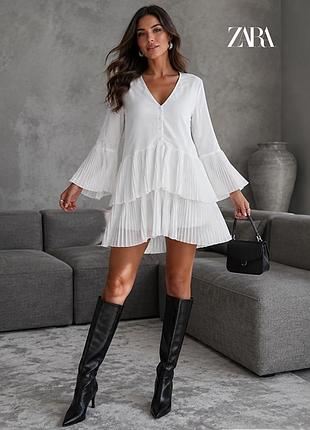 Новое белое платье рубашка с плиссе по низу zara m