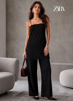 Новый удлиненный текстурированный черный топ туника на бретелях zara s