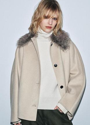 Напівпальто zw collection куртка жакет з вовною та коміром зі штучного хутра р.m-l