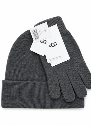 Зимний набор ugg knit tech gloves touch screen compatible шапка и перчатки (серый one size)
