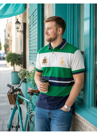 Оригинальное мужское поло polo ralph lauren big pony custom slim fit, зелено-бело-синее