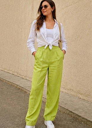 Женские брюки h&amp;m eur 42 салатовые широкие вискоза/лён