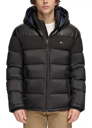 Чоловіча чорна куртка пуфер з шкіряними вставками tommy hilfiger