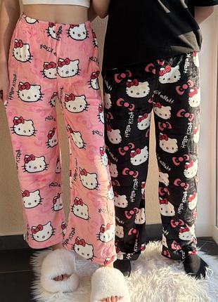 Піжамні штани hello kitty, плюшеві штани з hello kitty, теплі штани з хелоу кіті, жіночі штани теплі, зимові штани helo kity, подарунок для дівчини