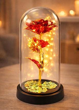 Вечная роза в колбе с подсветкой 21 см, на батарейках red gold