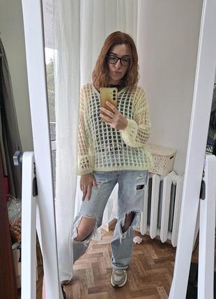 Женская итальянская однотонная кофта oversize. вязка. желтая, сливочная. мохер/шерсть. one size