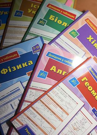 Комплект (6 книг) довідників у таблицях (7–11 класи) фізика, хімія, біологія, історія україни, українська мова, математика