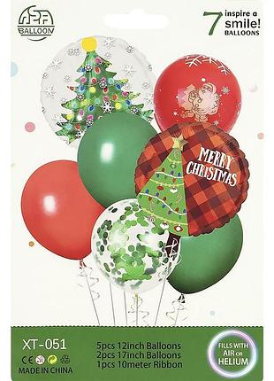 Набір новорічних повітряних куль merry christmas з ялинкою дідом морозом та конфетті 7 шт xt-051