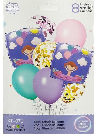Набор воздушных шаров happy children's day с девочкой конфетти и фольгированными звездами 8 шт xt-071