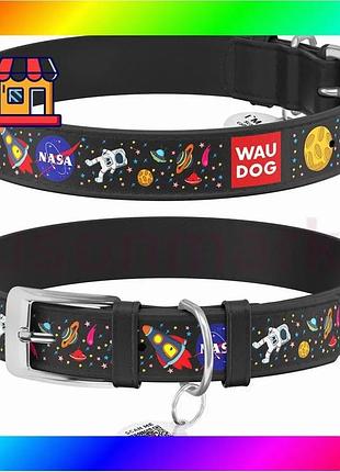 Bs ошейник для собак best mix кожаный waudog design с qr паспортом, рисунок "nasa", l, ш 25 мм, дл 38- bas77/n