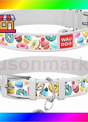 Bs ошейник для собак best mix кожаный waudog design с qr паспортом, рисунок "пончики", xxs, ш 12 мм, д bas77/n
