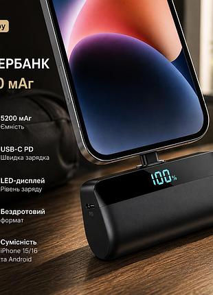 Мини повербанк pxwaxpy 5200 мач usb-c pd быстрая зарядка, led-дисплей, без проводов для iphone 15/16 и android