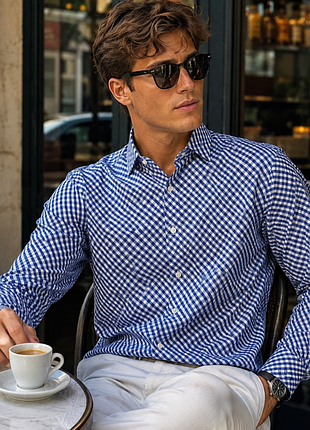 Стильная мужская хлопковая рубашка в бело - синюю клетку angelo litrico slim fit easy iron