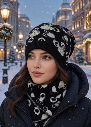Шапка с шарфом на женщину из кашемира, на осень и зиму.