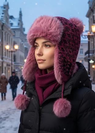 Шапка -ушанка для женщин вязаная из шерсти,та с натуральным мехом кроля на зиму.
