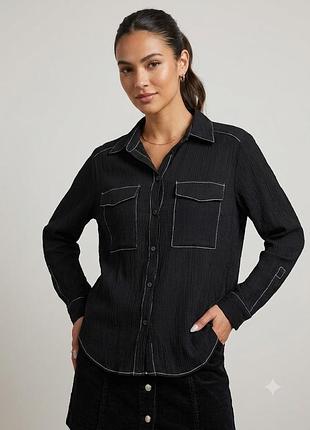 Zara жіноча чорна сорочка жатка, пряма ділова офісна блуза оверсайз, m/l/xl