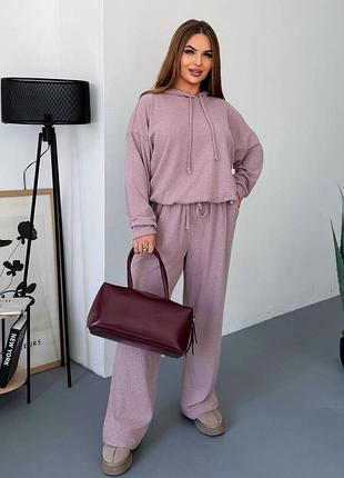 Жіночий трикотажний костюм в рубчик | кофта з капюшоном + штани | 604