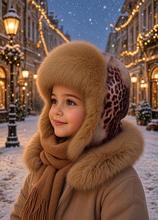 Шапка -ушанка для девочек из плащевой ткани и натурального меха кроля, на зиму.