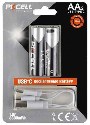 Батарейка акумуляторна aa 3600mah 2шт (блістер) (li-ion) з розємом type-c (з кабелем) тм pkcell