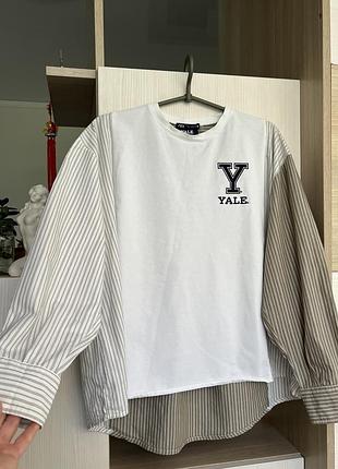Жіноча оверсайз сорочка світшот в стилі печворк zara/ сорочка джемпер з бавовни оверсайз з лого yale в смужку s/m