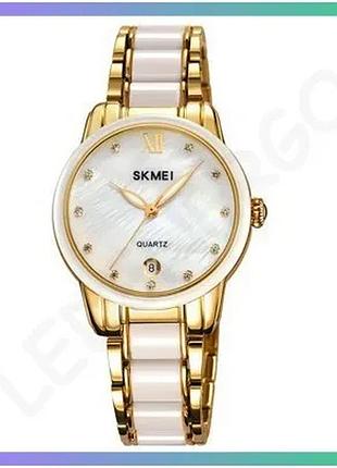 Женские часы skmei 2175gd gold водонепроницаемые кварцевые с календарем и браслетом для стильных женщи sku_1080-2477