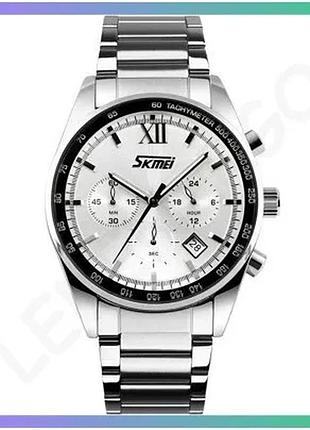 Мужские кварцевые часы skmei 9096si silver с хронографом и календарем водонепроницаемые 30м sku_1080-1203