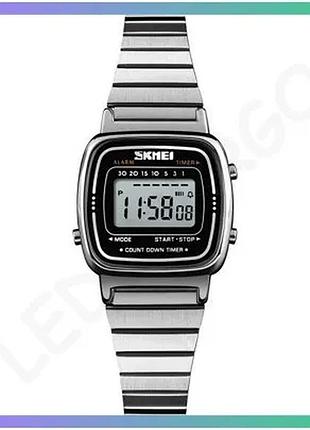 Женские часы skmei 1901ssi серебристые электронные с будильником и хронографом прямоугольные 30х25 мм sku_1080-1427