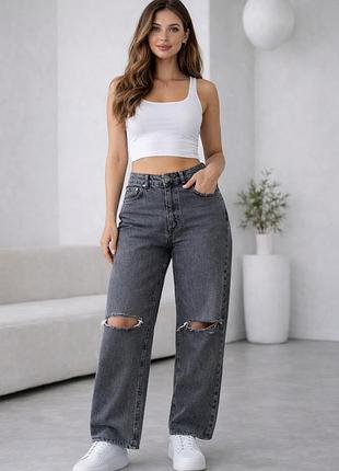 Женские джинсы stradivarius straight fit, серые, с разрезами на коленях, размер 42