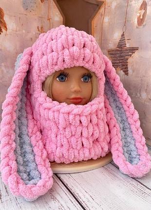 Плюшева балаклава з вушками зайчика 🐰 | рожева, тепла, хендмейд