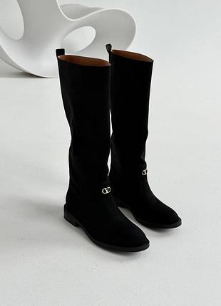 Роскошные черные замшевые сапоги-жжежки с брендовой деталью 🖤 из натуральной замши 40