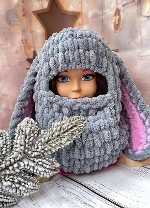 Плюшевая детская балаклава с ушками зайца серая | теплая handmade шапка alize puffy