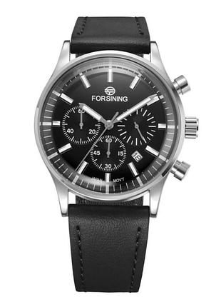 Мужские часы forsining 8311 black-silver с хронографом и кожаным ремешком