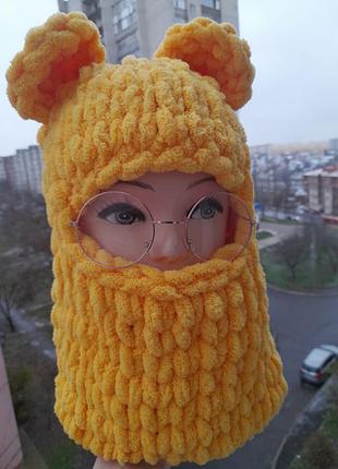Детская балаклава с ушками медведя, кота