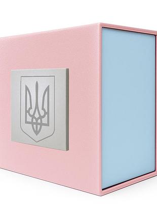 Подарункова картонна коробочка для годинника рожево-блакитна тризуб срібло