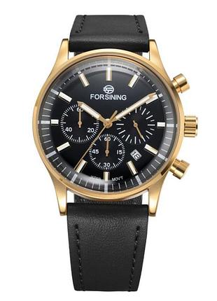 Мужские часы forsining 8311 black-gold с хронографом и кожаным ремешком