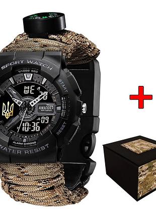 Годинник наручний awarder 005p тризуб золото чорний паракордовий ремінець desert camo + коробка