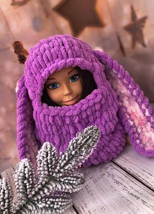 Плюшевая детская балаклава с ушками зайца теплая handmade шапка alize puffy