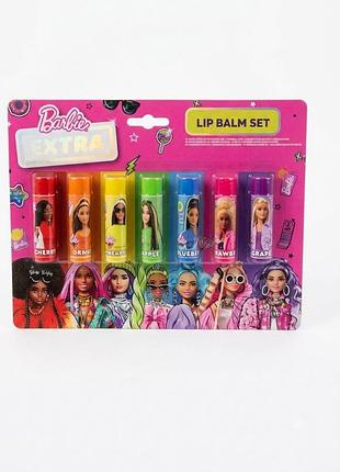 Набір бальзамів для губ barbie extra, 7 штук, дитяча косметика barbie, 7 ароматів