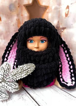 Плюшевая детская балаклава с ушками зайца черная | теплая handmade шапка alize puffy